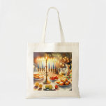 Bolsa Tote Happy Hanukkah<br><div class="desc">Ilustração de aquarela de Hanukkah. Uma mesa bem arrumada para uma comemoração festiva,  com uma menorah tradicional com velas iluminadas. Luz suave e quente,  enquanto decorações de férias adicionam um toque de alegria. Luzes quentes criando uma atmosfera acolhedora e convidativa.</div>