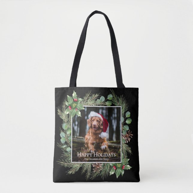 Bolsa Tote Happy Holidays Pet Photo Wreath Greenery  (Frente)