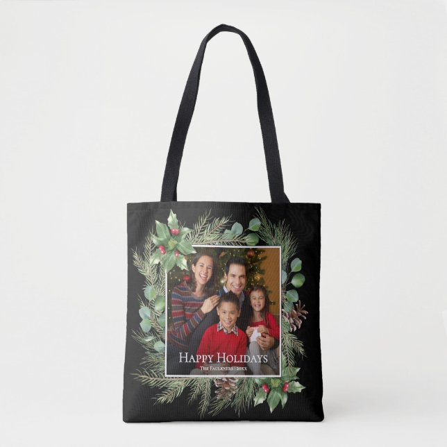 Bolsa Tote Happy Holidays Photo Wreath Botanical (Frente)