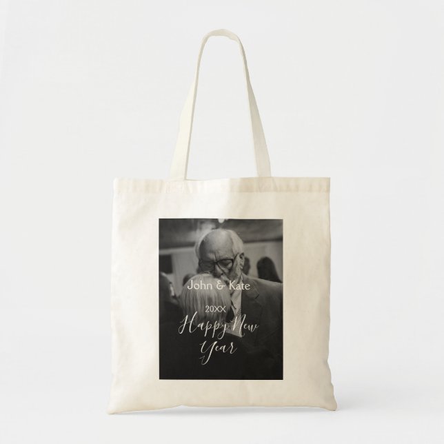 Bolsa Tote Happy new year couple photo name year black white  (Frente)