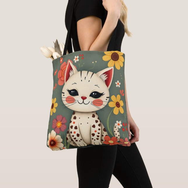 Bolsa Tote Happy Spotted Kitty with Flowers (Close Up)