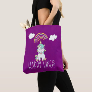 Bolsa Tote Happy Vibs Typografia Incrível Rainbow & Unicorn