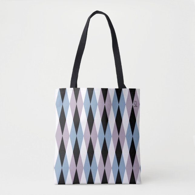 Bolsa Tote Harlequin Diamond Patterno - Blue and Dusty Lilac (Frente)