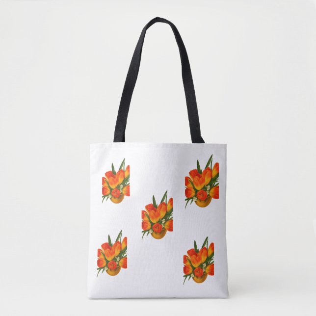Bolsa Tote Harmonia da Primavera – Tulipas Laranja e Amarelas (Frente)