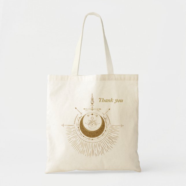 Bolsa Tote Harmonia dos elementos: lua, ouro e geometria. (Frente)