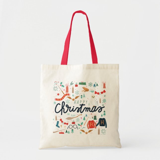 Bolsa Tote Harry Potter | Feliz Natal Com Ícones Festivos (Frente)