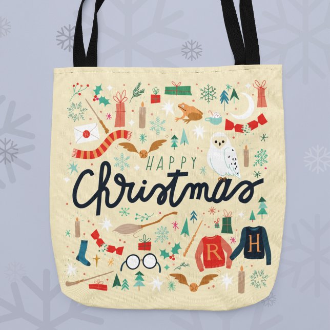 Bolsa Tote Harry Potter | Feliz Natal Com Ícones Festivos (Tote bag on snowflake background)