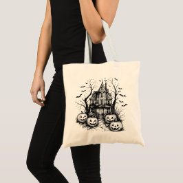 Bolsa Tote Haunted House Black and White Halloween