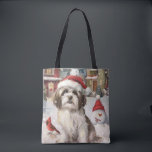 Bolsa Tote Havanese Winter Wonderland Christmas Joy<br><div class="desc">Este design festivo captura o espírito alegre da época de férias, apresentando um adorável filhote vestindo um chapéu de Papai Noel. O cachorro está aninhado numa terra maravilhosa de inverno, completo com um boneco de neve, uma árvore de Natal decorada, e presentes lindamente envoltos. Os flocos de neve caem suavemente,...</div>