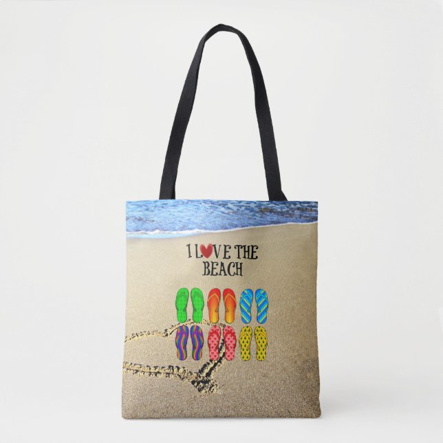 Bolsa Tote Heart drawn in the sand, I Love the Beach (Frente)