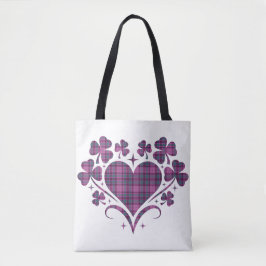 Bolsa Tote Heart Shamrock Plaid Pink Teal Tartan Clover