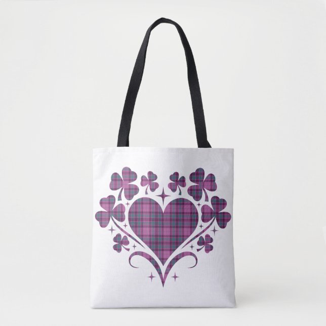 Bolsa Tote Heart Shamrock Plaid Pink Teal Tartan Clover (Frente)