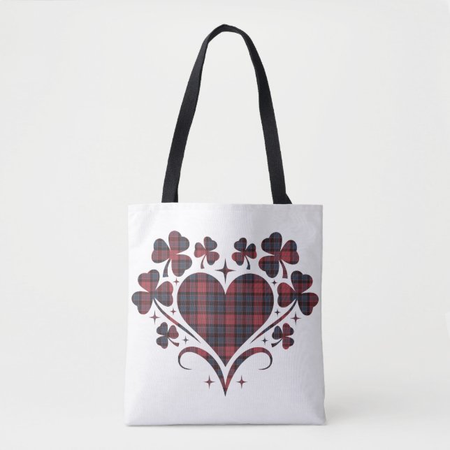 Bolsa Tote Heart Shamrock Plaid Red Blue Tartan Clover (Frente)