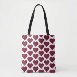 Bolsa Tote Heart Shaped Plaid Dark Red Burgundy