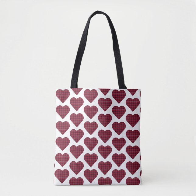 Bolsa Tote Heart Shaped Plaid Dark Red Burgundy (Frente)