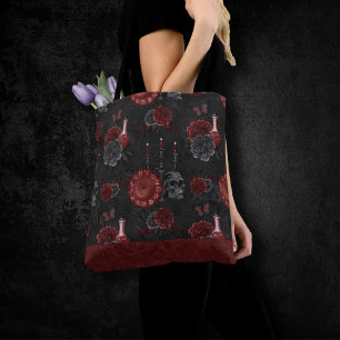 Bolsa Tote Henna Zodiac Magic Rosas do crânio vermelho Po