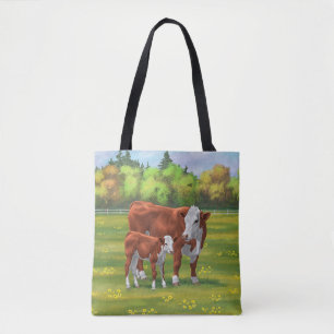 Bolsa Tote Hereford Cow & Cute Calf em Pastura de Verão