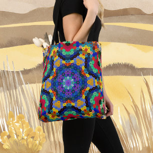 Bolsa Tote Hex Mandala Azul Amarelo Vermelho e Verde
