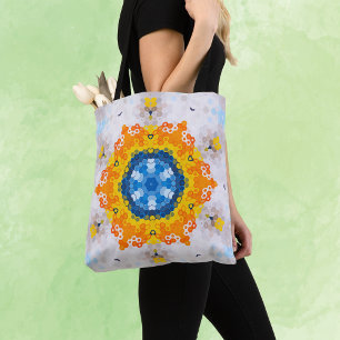 Bolsa Tote Hex Mandala Blue Amarelo Laranja e Branco