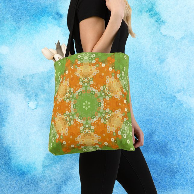 Bolsa Tote Hex Mandala Green e Orange (Green and Orange Hexagon Mandala Tote Bag by Wormhole Orbital)