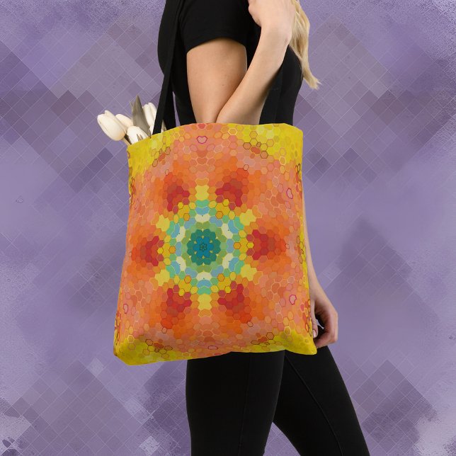 Bolsa Tote Hex Mandala Laranja Amarelo Vermelho e Azul (Criador carregado)