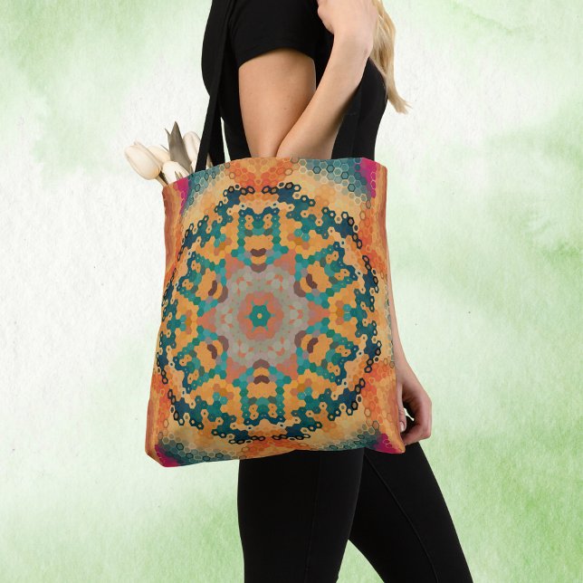 Bolsa Tote Hex Mandala Orange e Blue (Orange and Blue Hexagon Mandala Tote Bag by Wormhole Orbital)