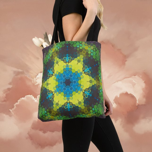 Bolsa Tote Hex Mandala Verde Amarelo e Azul (Green and Blue Hexagon Mandala Tote Bag By Wormhole Orbital)