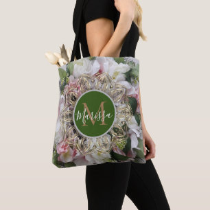 Bolsa Tote Hexágono Dourado Floral Mandala Monograma Saco