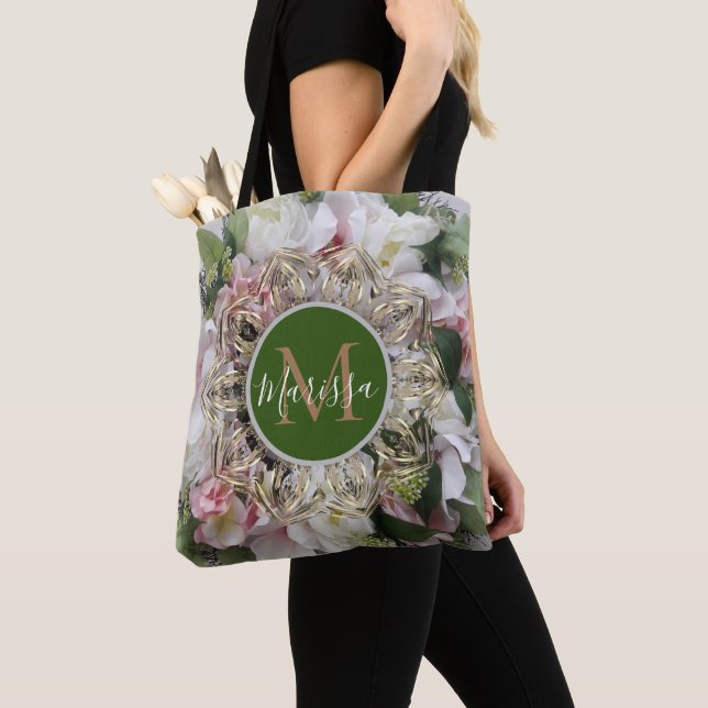 Bolsa Tote Hexágono Dourado Floral Mandala Monograma Saco (Close Up)
