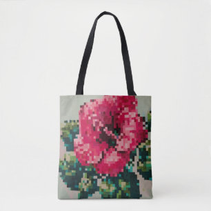 Bolsa Tote Hibisco pixelado com fundo de hortelã