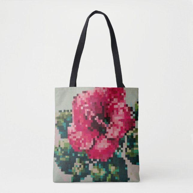 Bolsa Tote Hibisco pixelizado sobre Fundo Mentha (Frente)