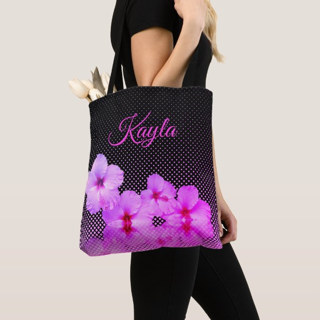 Bolsa Tote Hibisco Rosa Quente a Preto e Rosa Verificado (Close Up)