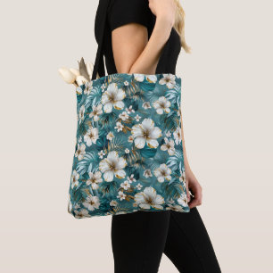 Bolsa Tote Hibisco Tropical Floral Azul Turquesa