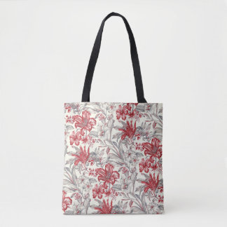 Bolsa Tote Hibisco Vermelho e Cinza Toile Floral Tropical