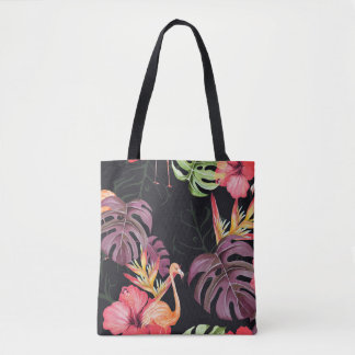 Bolsa Tote Hibiscus, Flamingos, Padrão Tropical Watercolor.