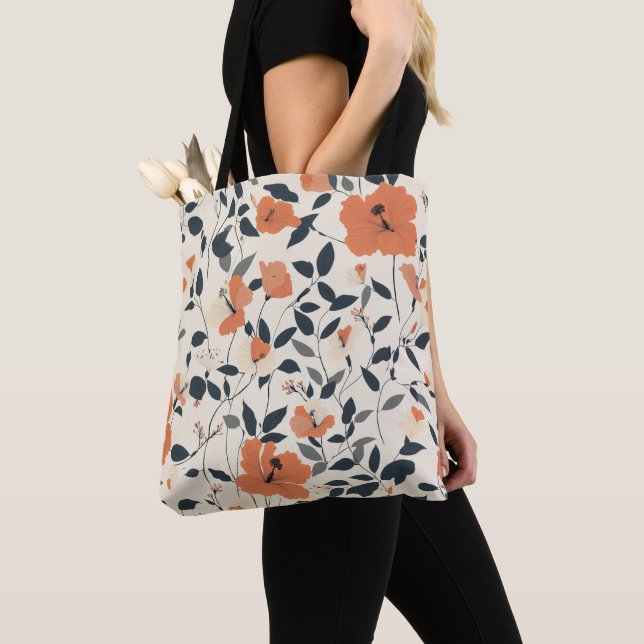 Bolsa Tote Hibiscus Floral em tons de laranja vibrantes (Close Up)