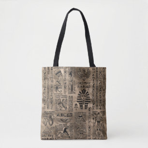 Bolsa Tote Hieroglyphs e deidades egípcios - ouro luxuoso