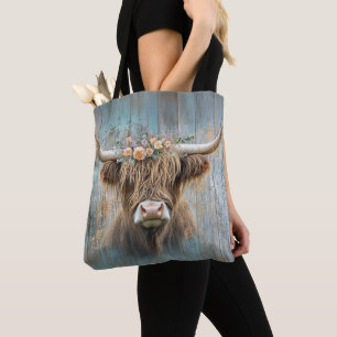 Bolsa Tote Highland Cow Floral Crown Rustic Eleghouse