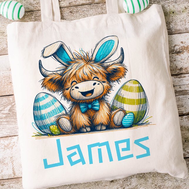 Bolsa Tote Highland Cow Páscoa Kids Name Boys Bunny (Boys Easter Tote)