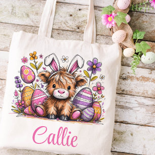 Bolsa Tote Highland Cow Páscoa Kids Name Girls Bunny