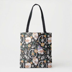 Bolsa Tote Hippie Halloween Skulls and Flowers Standard