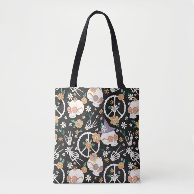 Bolsa Tote Hippie Halloween Skulls and Flowers Standard (Frente)