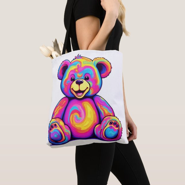 Bolsa Tote Hippie Teddy Bear Rainbow Psychedelic Bright Color (Close Up)