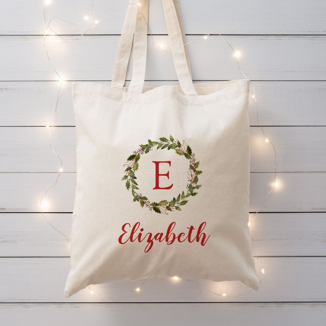 Bolsa Tote Holiday Greenery Wreath Monograma Reutilizável Pre (Criador carregado)