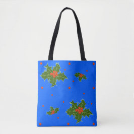 Bolsa Tote Holly (Ilex) Christmas Motif on Festive Blue