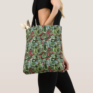 Bolsa Tote Holly Leaves e Red Berries Feriado