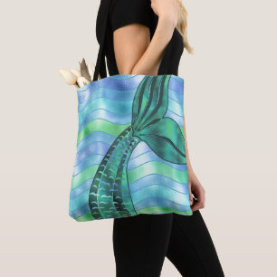 Bolsa Tote Holographic Teal Smermaid Tail Onda Diversão Chic