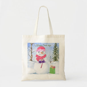 Bolsa Tote Homem de neve com cachecol rosa Dias felizes de ne