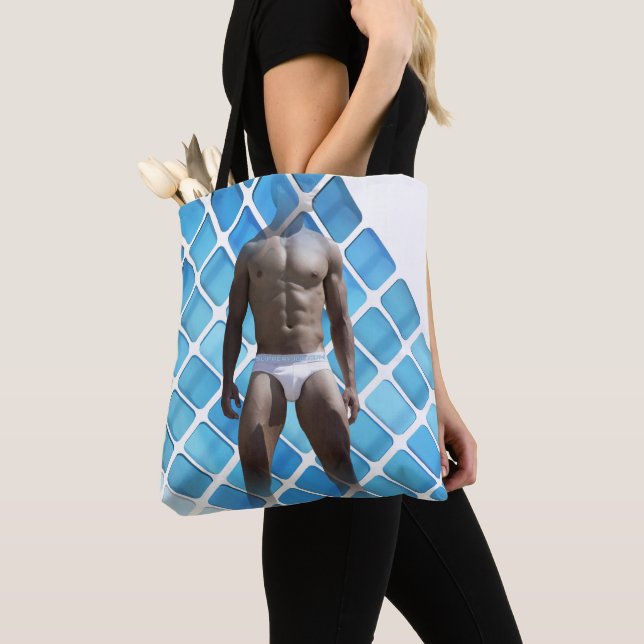 Bolsa Tote Homem muscular SlipperyJoe, seis abdominais, branc (Close Up)