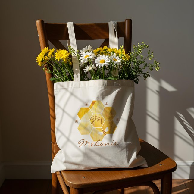 Bolsa Tote Honeycomb Aquarela Flor e Mel Monograma de Abelhas (Honeycomb Watercolor Flower & Honey Bee Monogram Tote Bag)